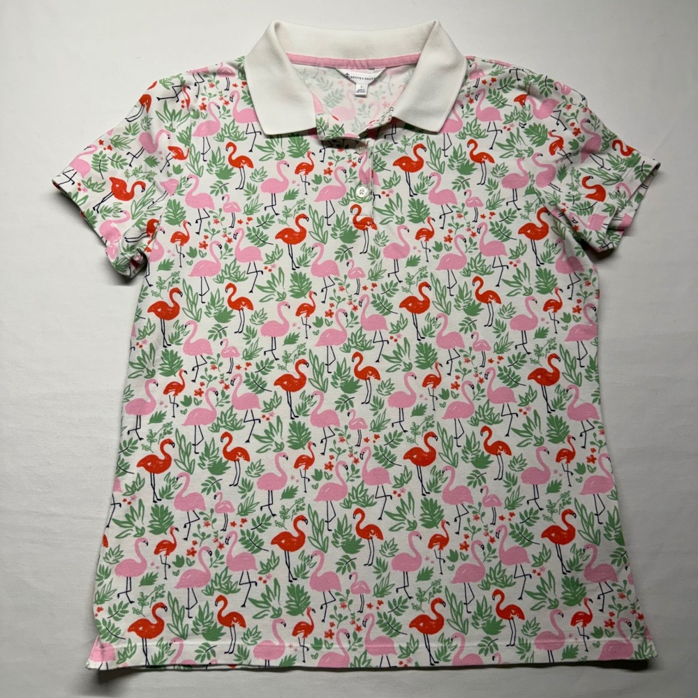 Brooks Brothers Polo Shirt L Flamingo Print Pink Womens Cotton Stretch Tropical